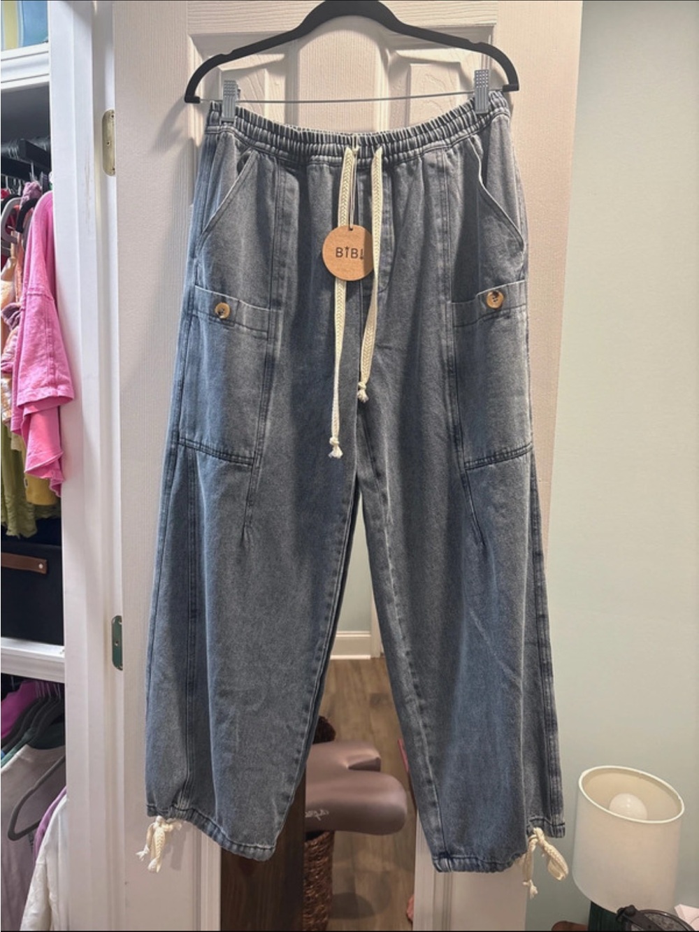Drawstring denim barrel jeans
